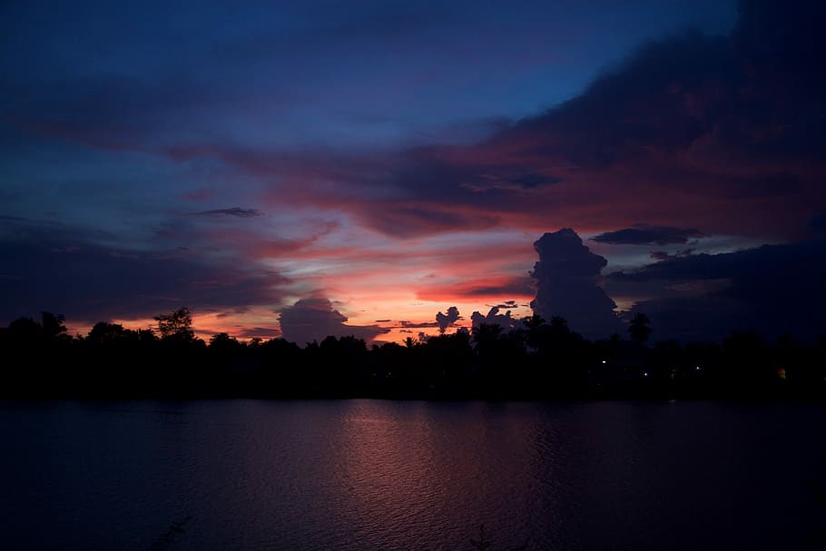 Puesta de sol, Laos, el río Mekong, en la noche, oscuro, reflejo, anochecer, iluminado, silueta, nube - cielo