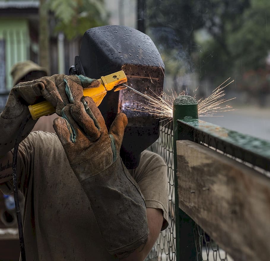 person, wearing, welding mask welding, green, metal frame, construction, worker, welding, welder, industry