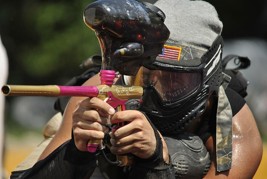 man, holding, paintball gun, paintball, sports, extreme, focus on foreground, people, real people, men