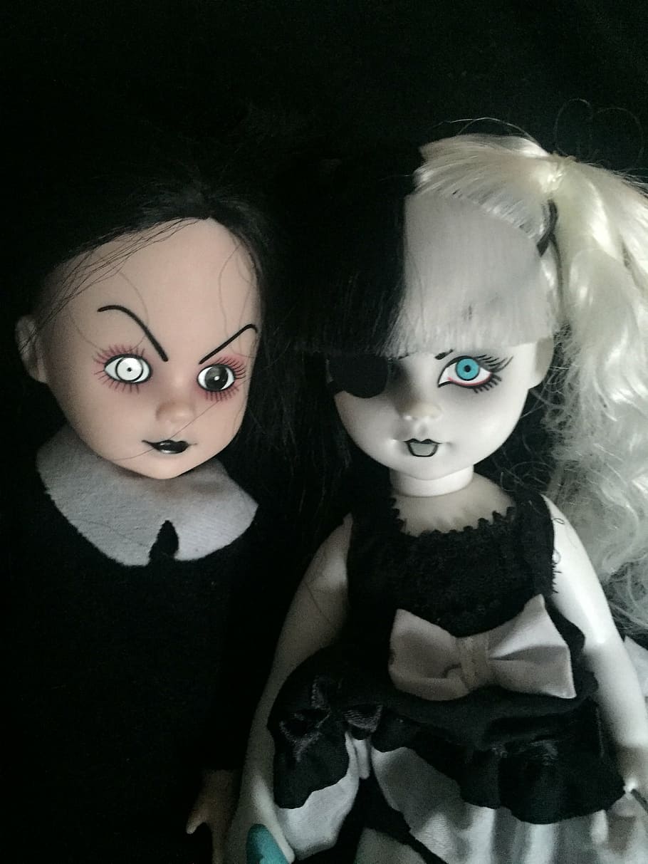scary dolls, sisters, horror, macabre, representation, doll, human representation, female likeness, toy, indoors