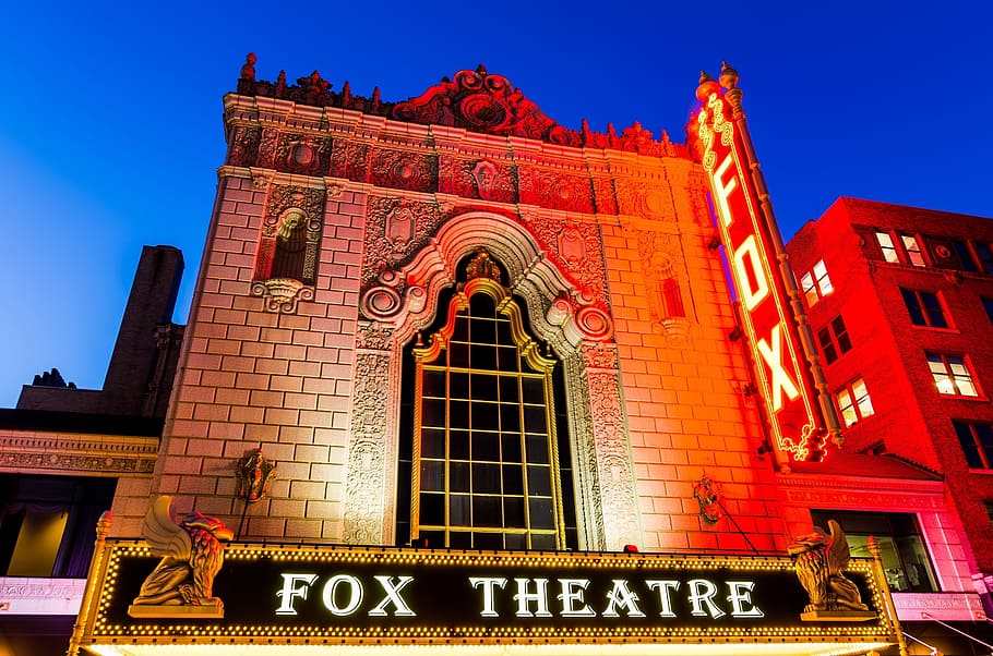 fox theater building, theater, building, architecture, outdoors, exterior, night, lights, landmark, famous