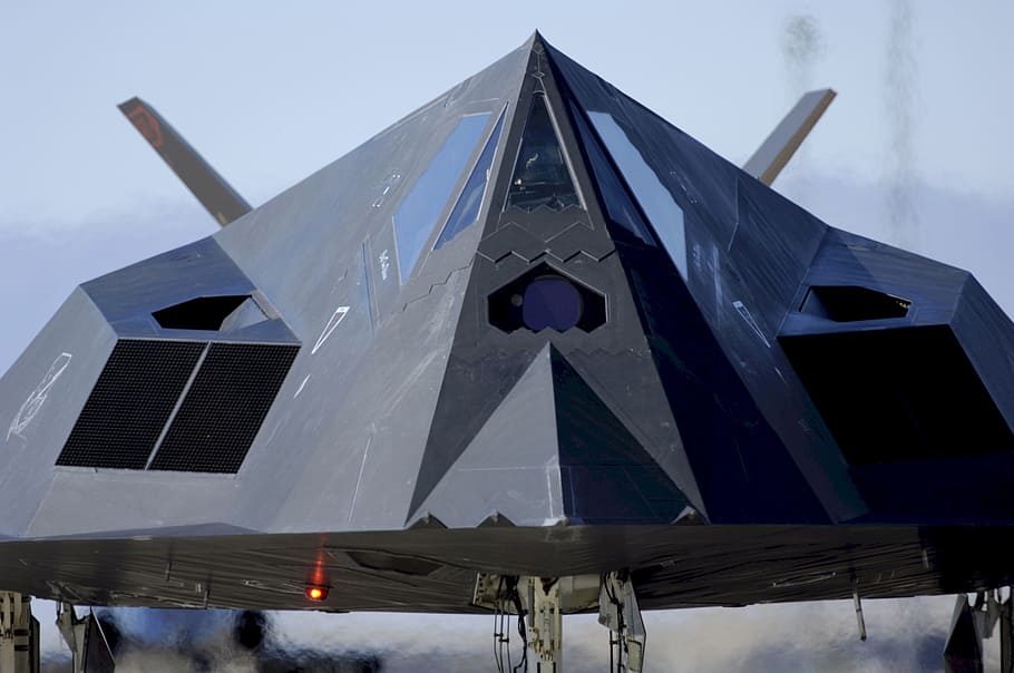 stealth, jet, f-117, nighthawk, aircraft, front view, single-seat, twin-engine, ground-attack, black