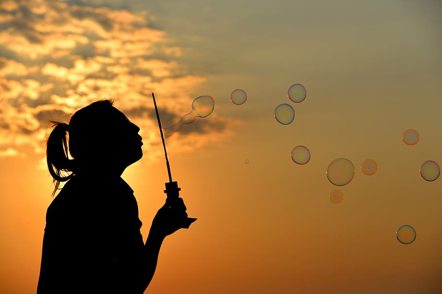 woman silhouette, making, bubbles, sunset, silhouette, sun, blowing bubbles, blowing, woman, one person