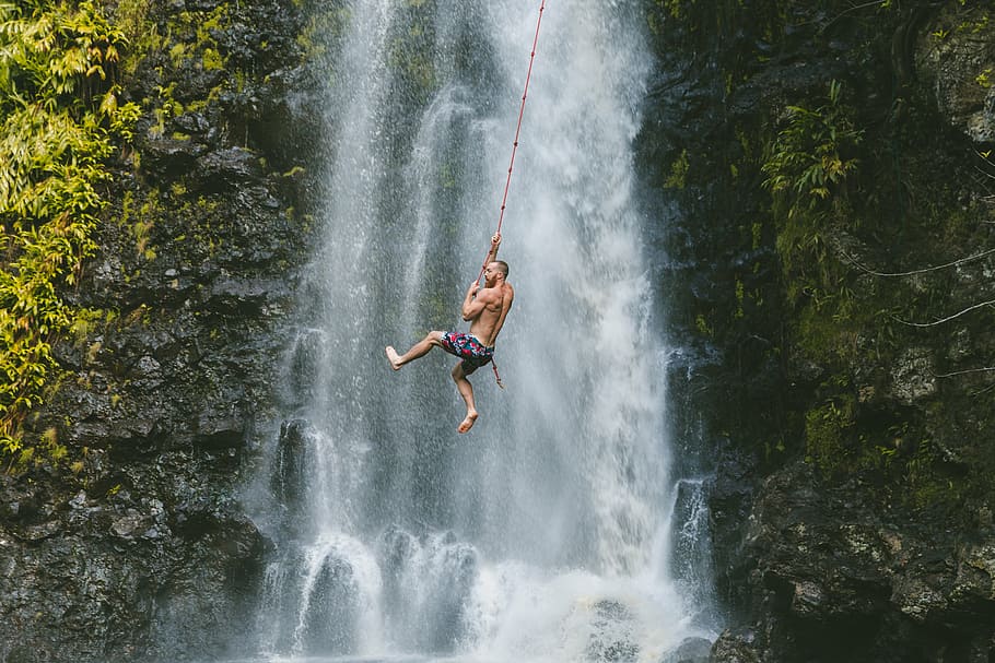man, holding, rope, waterfall, people, falls, nature, water, river, mountain