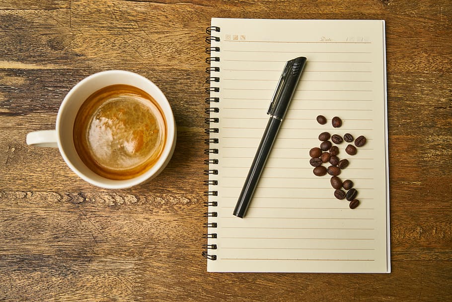black, ballpoint pen, coffee beans, white, notebook, coffee, cup, beverage, espresso, cappuccino