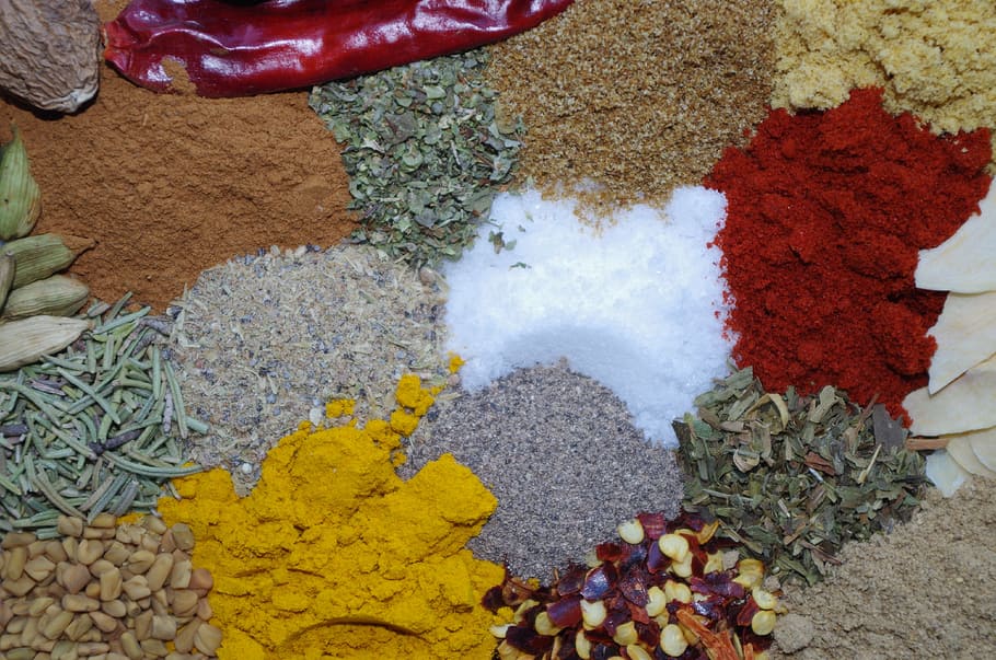 colorful spices, salt, paprika, turmeric, cayenne pepper, rosemary, high angle view, choice, variation, multi colored