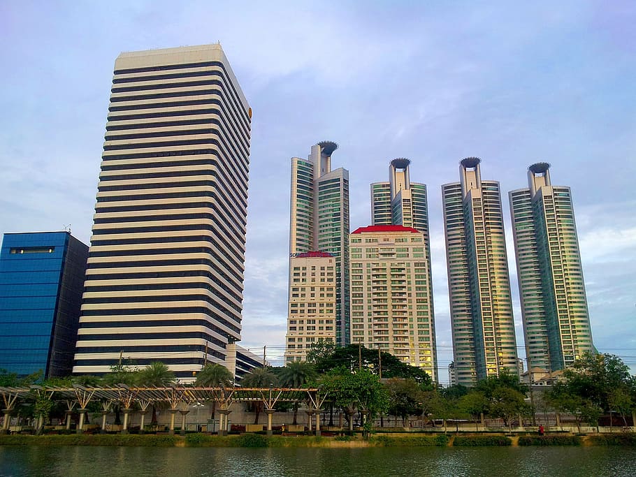 bajo, ángulo de construcción, agua, Bangkok, Tailandia, Edificio, Asia, arquitectura, ciudad, torre