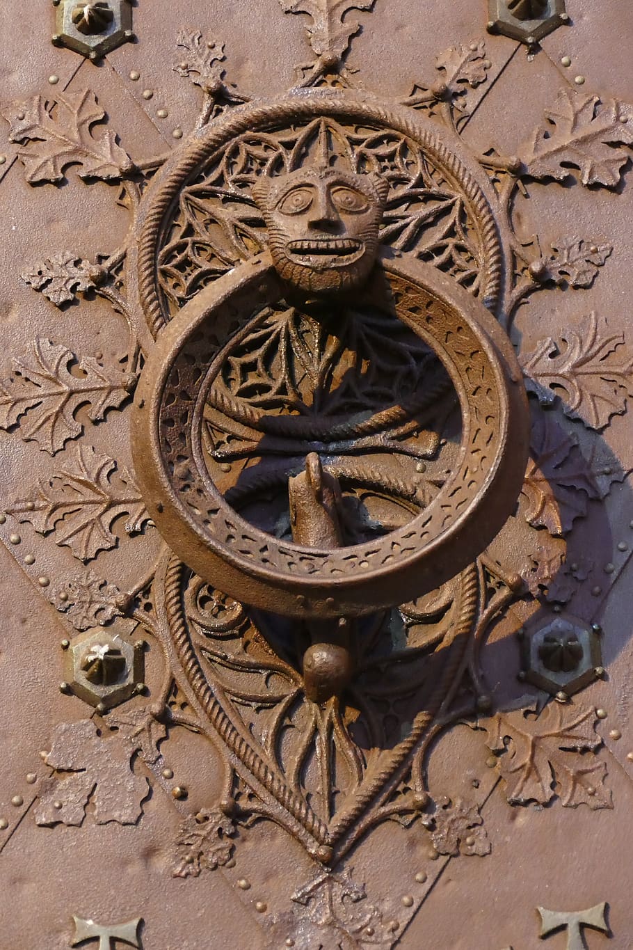 knocker, door knocker, metal, head, demon, entrance, cathedral, church, tarragona, spain