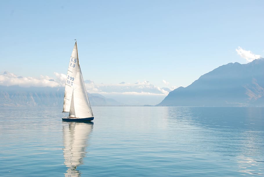 photography, white, boat, lake, boot, water, sailing boat, sailing vessel, landscape, mountains