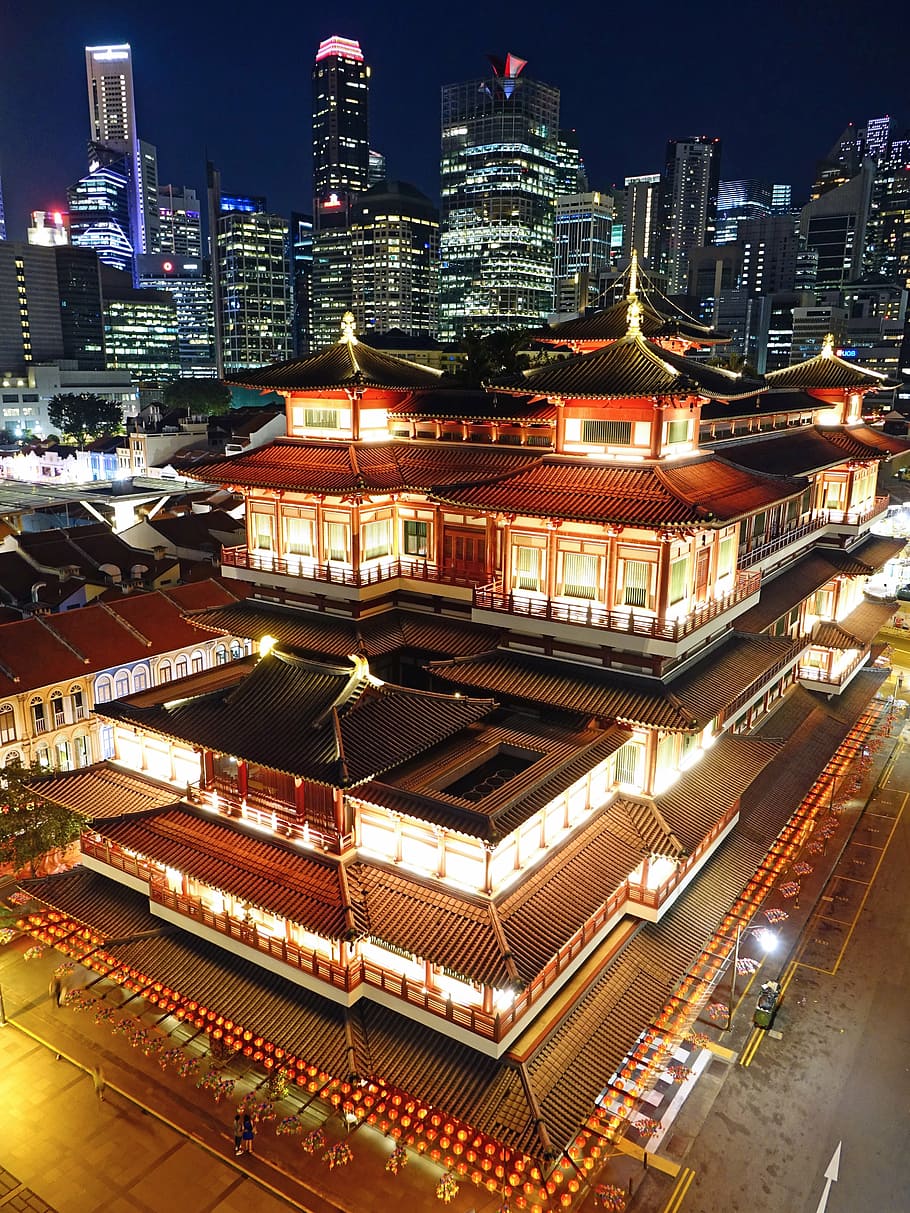brown, black, red, temple, buddha tooth relic temple, singapore, chinatown, buddhism, night, lighting