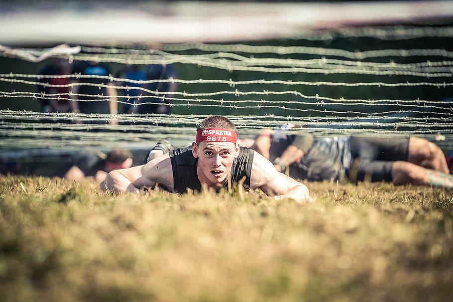 spartan, young man, ocr, obstacle course racing, military training, crouching, hardship, spartan race, mud run, harsh