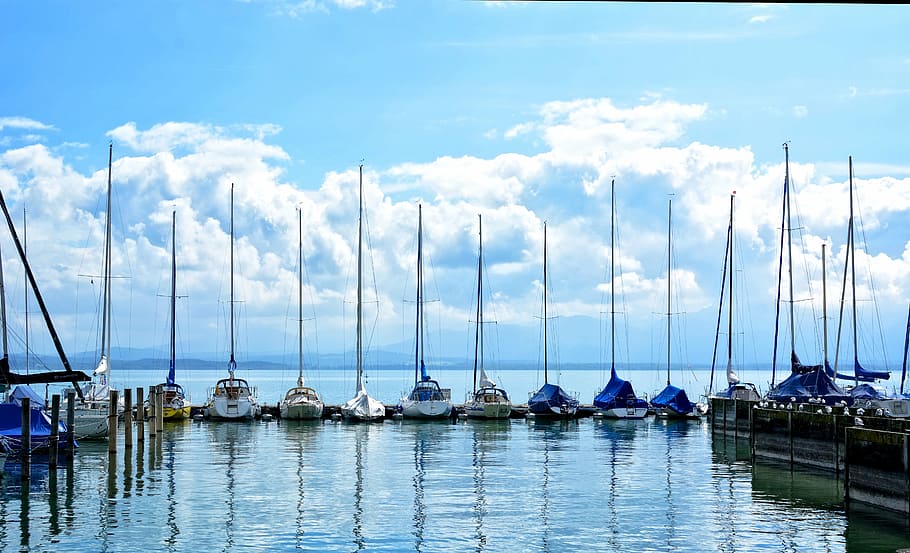 assorted-color boat lot, body, water, sailing boats, port, boats, boat masts, masts, lake, chiemsee