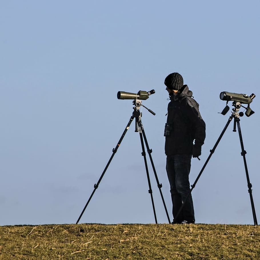 spotting scope, ornithologist, bird watching, nature, sky, tripod, technology, photography themes, one person, camera - photographic equipment