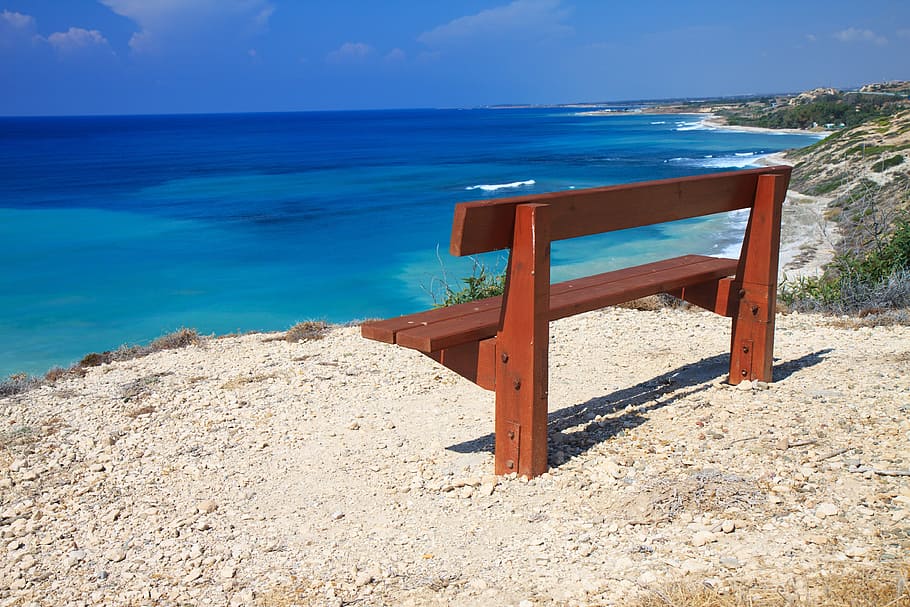 brown, wooden, bench, cliff, wooden bench, blue, coast, landscape, nature, ocean