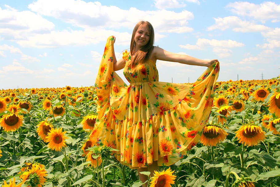 woman, yellow, orange, sunflower-themed dress, sunflower field, daytime, sunflower, girl, dress, plant