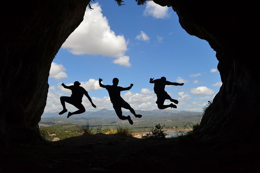 foto de silueta, tres, persona, salto, sombra, amistad, vigor, ver, grecia, al aire libre