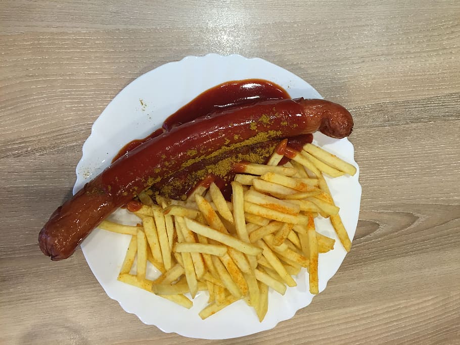 currywurst, giant curry sausage, french, eat, food, fast food, snack, plate, frits, potatoes