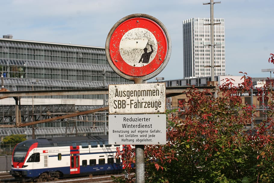skyscraper, train, traffic sign, shield, cleaning, dirty, art, reduced, communication, architecture