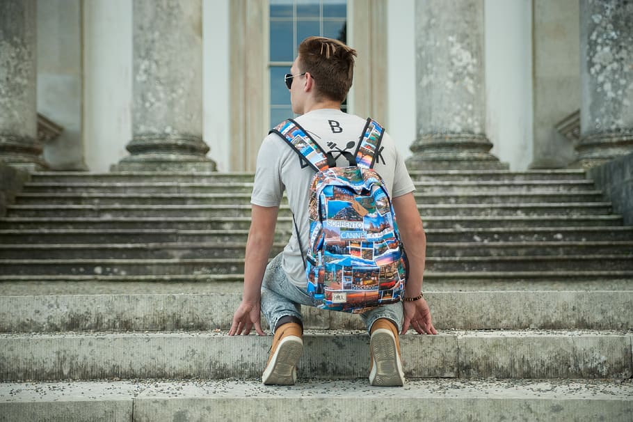 boy, travel, backpack, male, person, stairs, sunglasses, building, tourism, vacation