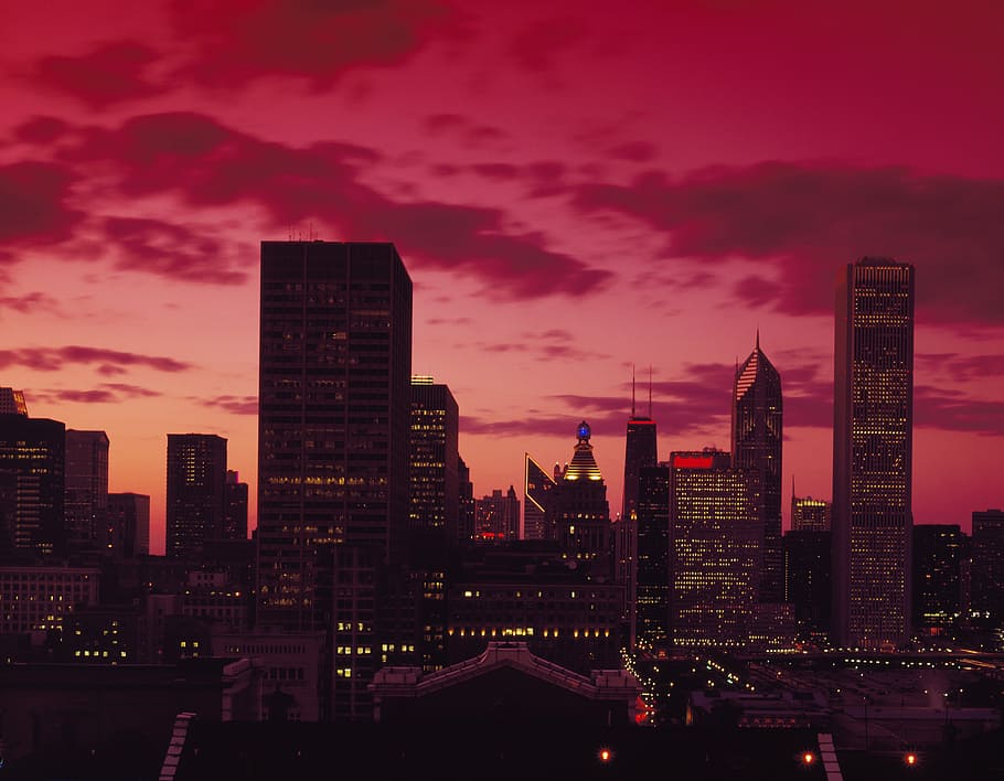 high-rise, buildings, nighttime, chicago, skyline, dusk, city, urban, architecture, cityscape