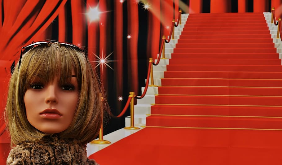 woman, front, red, carpeted, stairs, red carpet, glamour, pretty, chic, sunglasses