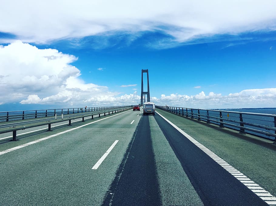 two, vehicles, white, clouds, blue, sky, daytime, Denmark, Sweden, Bridge
