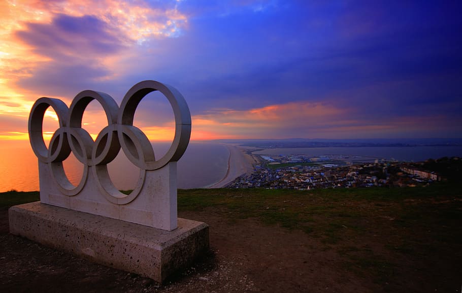 concrete, olympic logo, cliff, portland, olympic, rings, sunset, weymouth, beach, blue