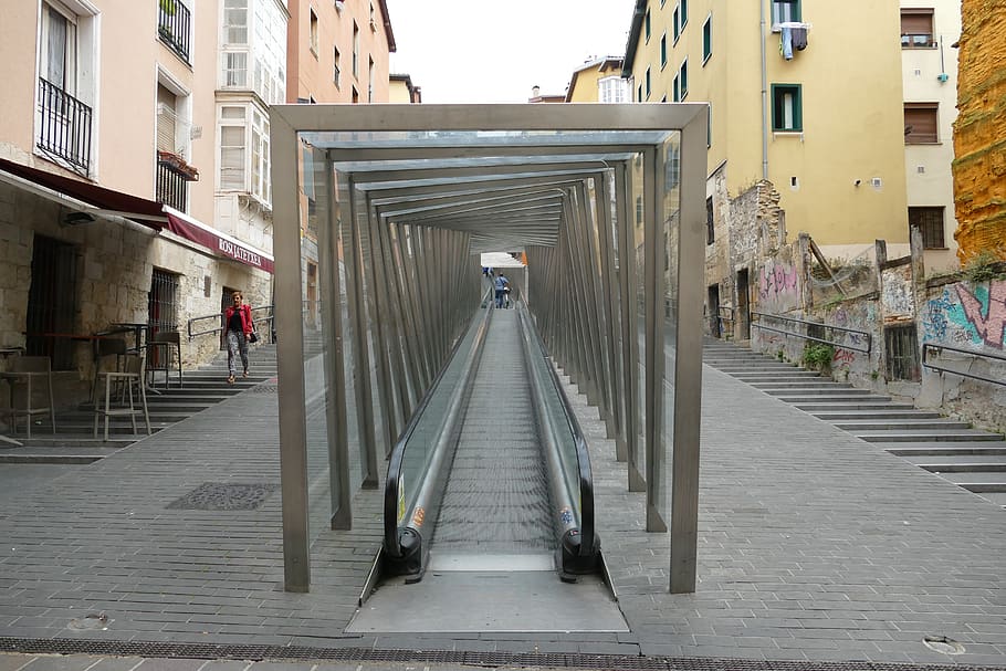 escalator, trap, transport, climbing, modern, perspective, steel, indoor, convenience, the centre of vitoria-gasteiz