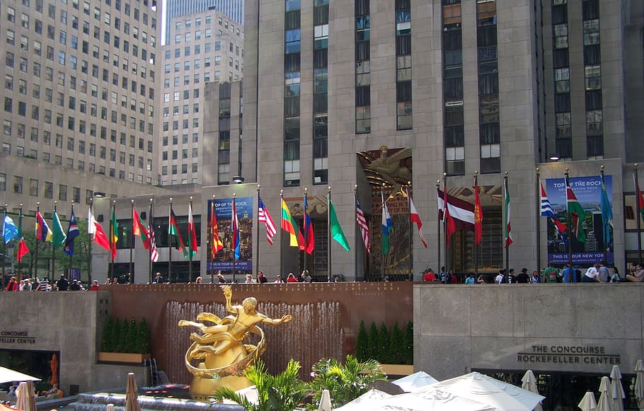 high-rise buildings, new york, rockefeller center, flags, gold statue, nyc, city, buildings, architecture, building exterior