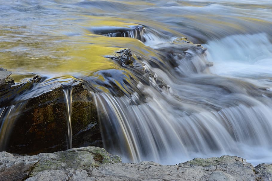 fotografi selang waktu, air terjun, Atas, Mcdonald Creek, Mengalir, Air, sungai mcdonald atas, aliran, lanskap, kayu