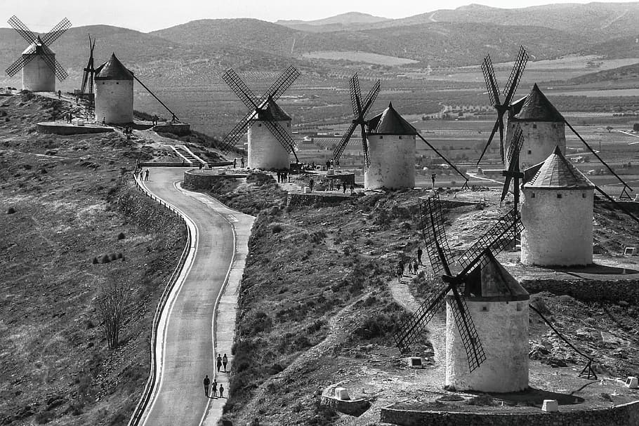 grayscale photography, house, road, mills, consuegra, stain, don quixote, toledo, spain, abandoned