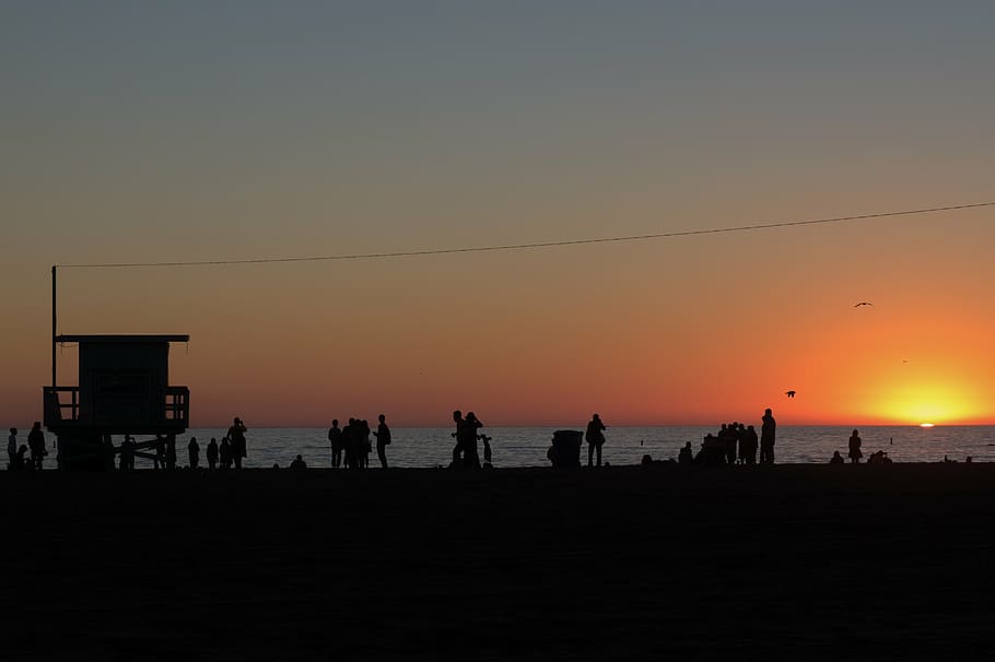 silhouette of shed, urban, city, people, silhouette, park, water, ocean, sea, sunset