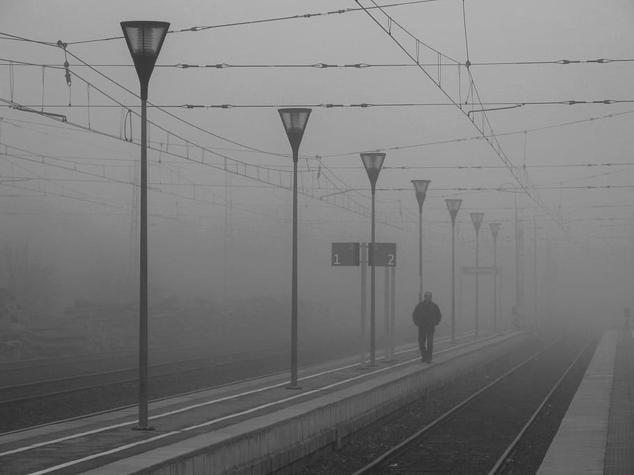 station, fog, symbol, sadness, passenger, metaphor, melancholy, rail transportation, railroad track, track