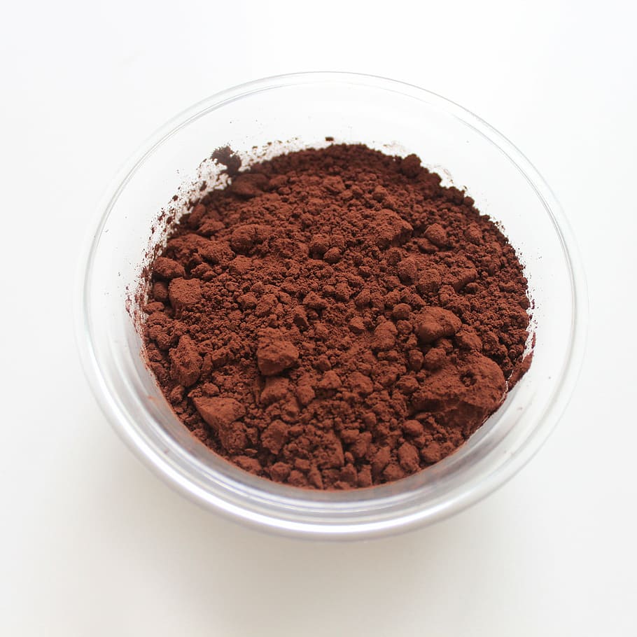 closeup, photography, brown, powder, inside, clear, cup, cocoa powder, confectionery, cacao