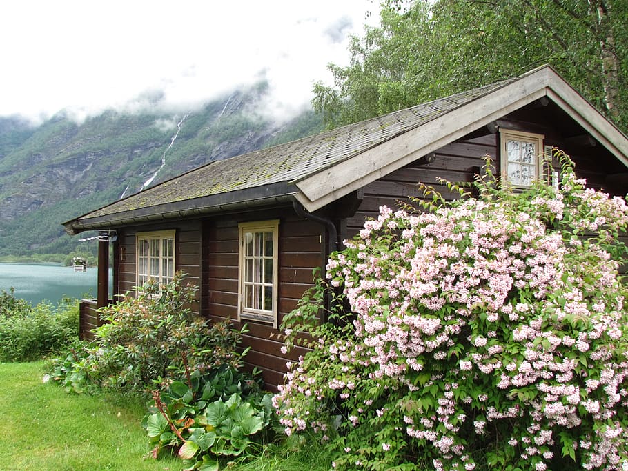 cottage, waterfall, lake, landscape, outdoors, rural, green, cabin, house, norway