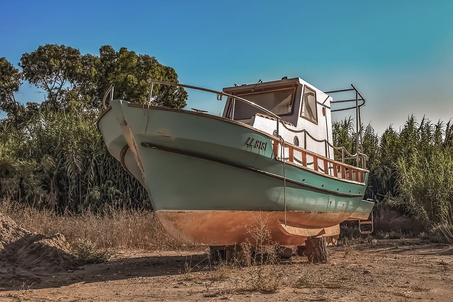 boat, grounded, fishing boat, wooden, ayia triada, paralimni, cyprus, mode of transportation, nautical vessel, nature