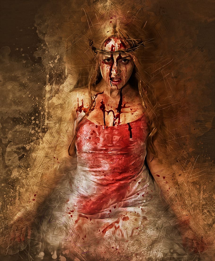 red, dressed, woman painting, woman, female, evil, possession, dark, gothic, macabre