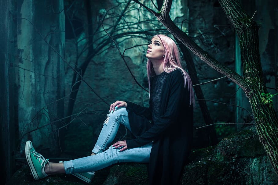 people, woman, model, fashion, sneakers, shoes, pink, woods, forest, beauty