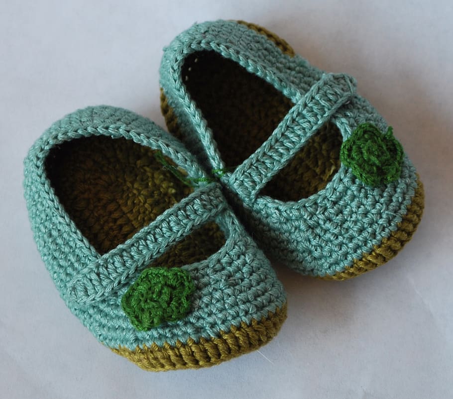 baby shoes, knit, blue, childhood, indoors, close-up, still life, studio shot, high angle view, art and craft