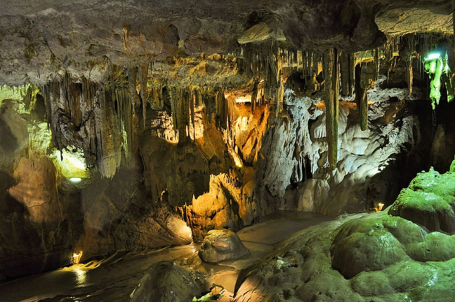 cinza, rochas, interior, caverna, estalagmites, estalactites, gruta, subterrânea, objeto de rocha, reflexão
