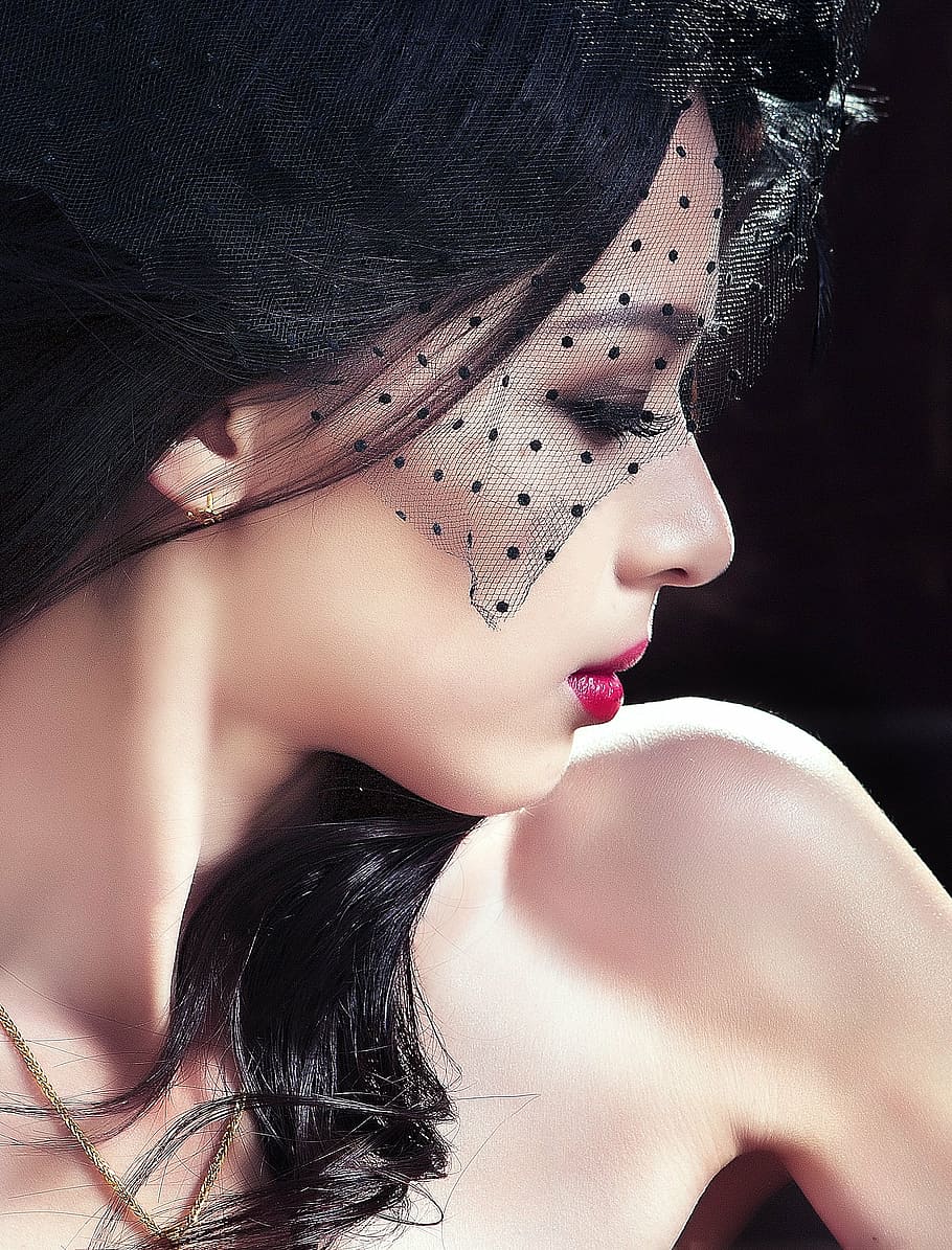 woman, red, lipstick, black, polka-dot mesh headdress, portrait, photography, girls, model, make up
