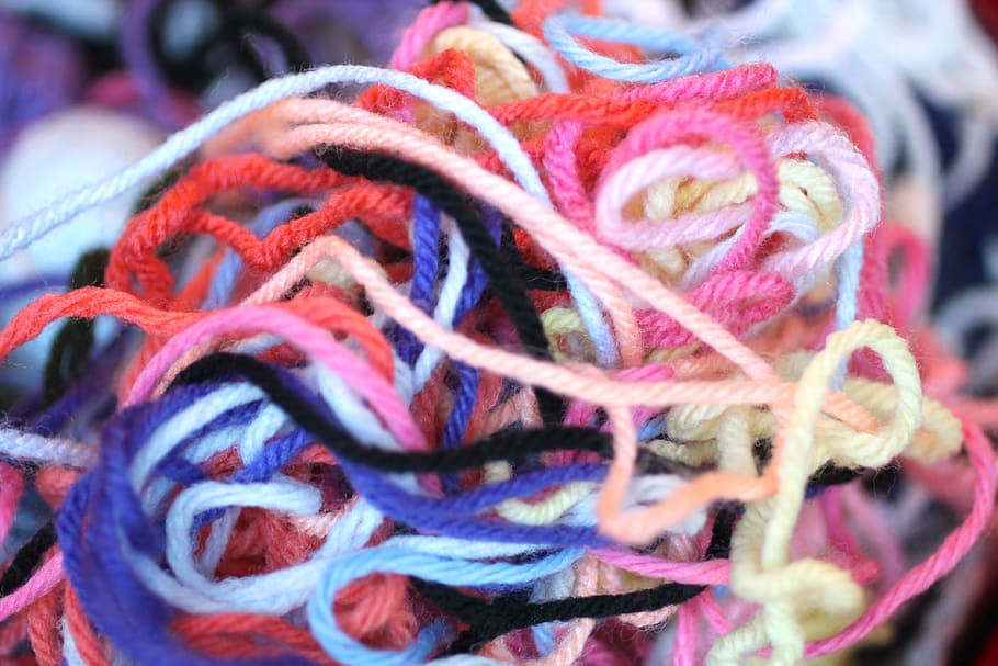 foto close-up, benang aneka warna, benang, warna, kusut, wol, tekstil, multi-warna, kerajinan, close-up