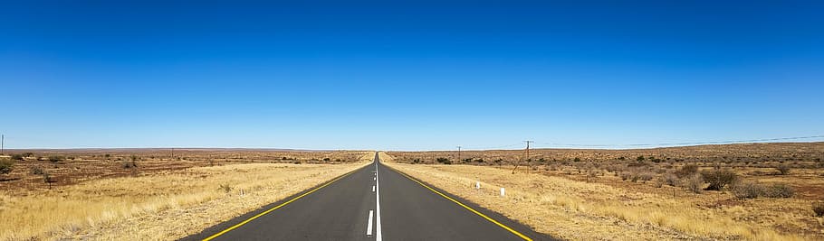 straight, road, land mass, blue, sky, daytime, straight road, road between, blue sky, africa
