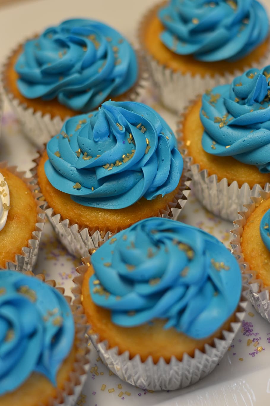 shift-tilt photography, cupcakes, blue, icings, cupcake, dessert, sprinkles, food, cake, sweet