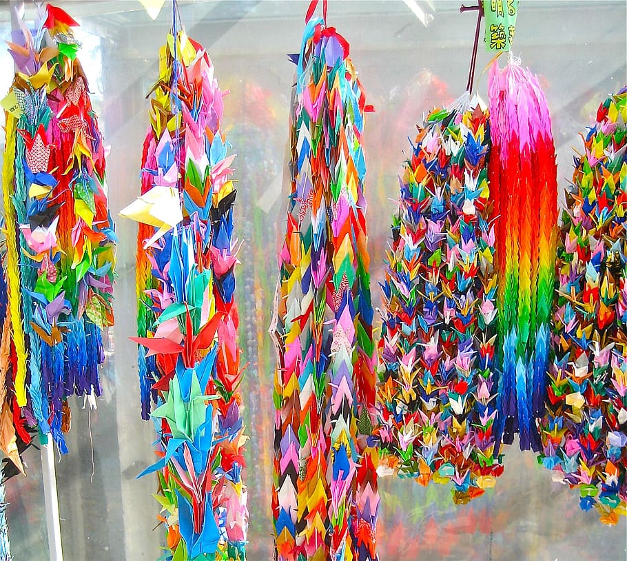 origami, hiroshima, cranes, multi colored, hanging, for sale, retail, large group of objects, choice, day