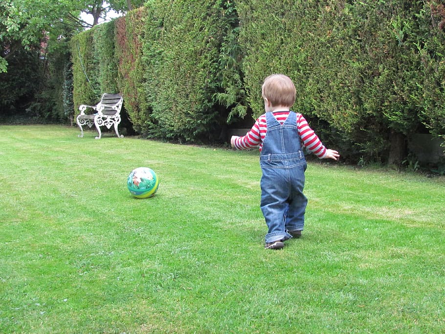 menino, jogando, bola, jardim, criança, esporte, futebol, diversão, feliz, jovem