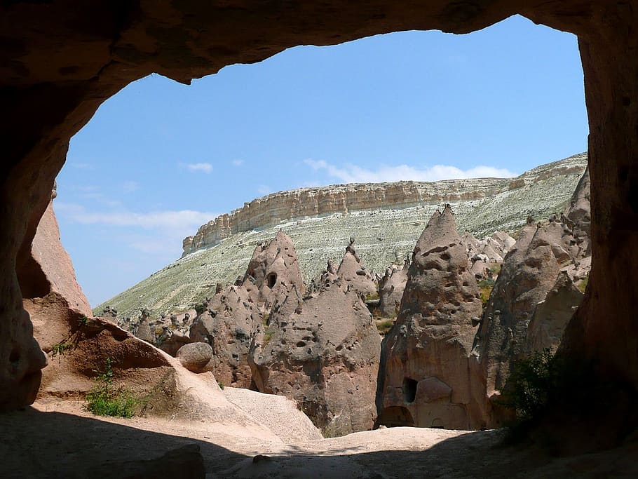 cadeia de montanhas, claro, azul, céu, caverna, cappadocia, turquia, paisagem, rocha - objeto, natureza