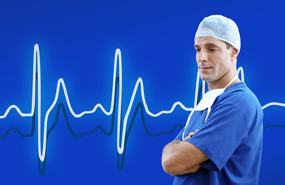 man, wearing, blue, shirt, doctor, medical, heart rate, health, medicine, care