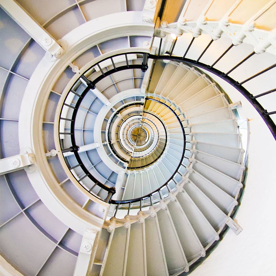 white spiral stair, stairs, stairwell, descend, ascend, illusion, climb, upstairs, downstairs, architecture