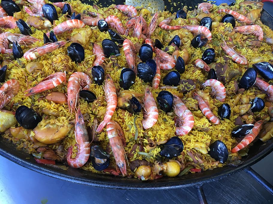 Shrimp, Paella, Seafood, Spanish, Dish, dinner, cuisine, vegetable, rice, food